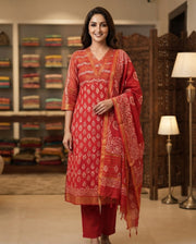 Silk Cotton Chanderi Suit Red