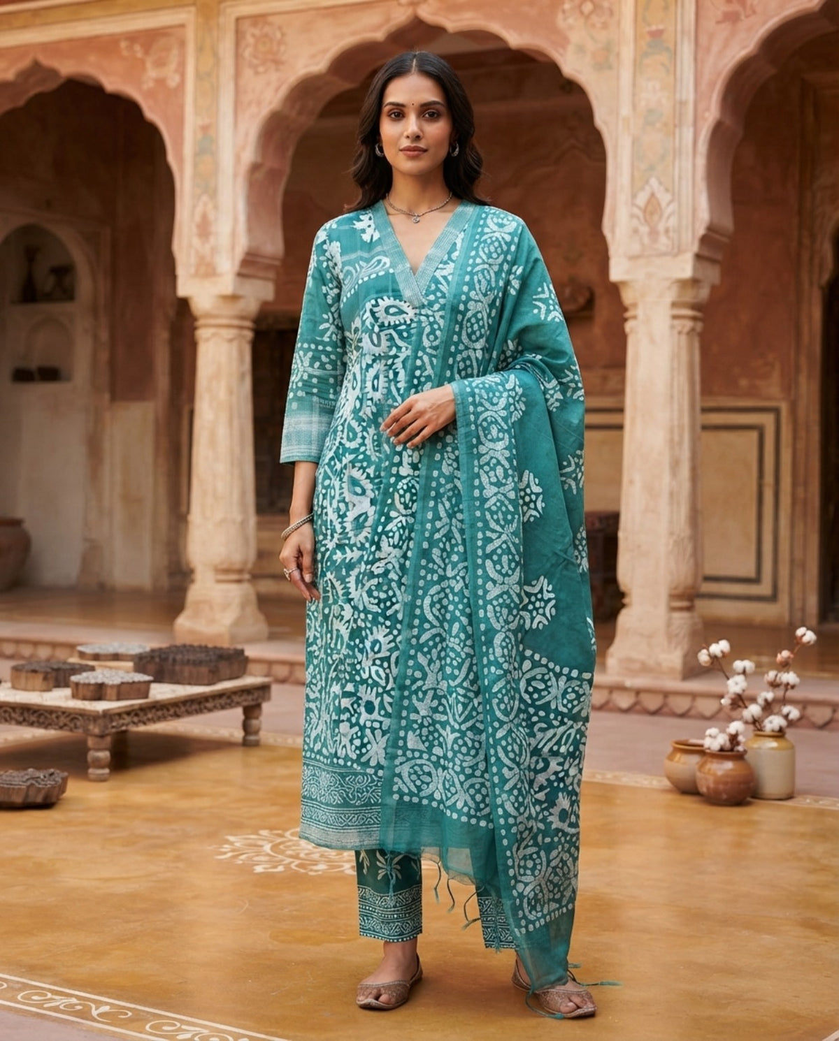 Silk Cotton Chanderi Suit Teal