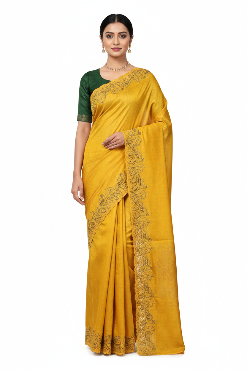 Yellow Tussar Saree - Front