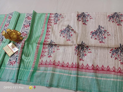 Tussar ghicha print saree