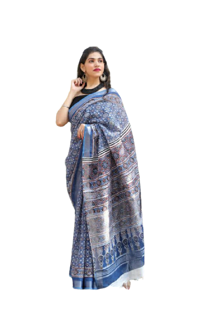 Khadi linen block print saree SILK ZONE