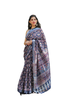 Khadi linen block print saree