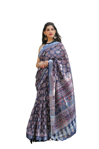 Khadi linen block print saree