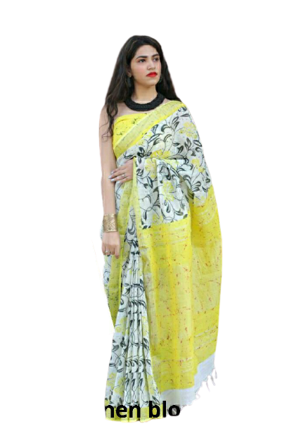 Khadi linen block print saree