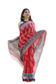 Khadi linen block print saree