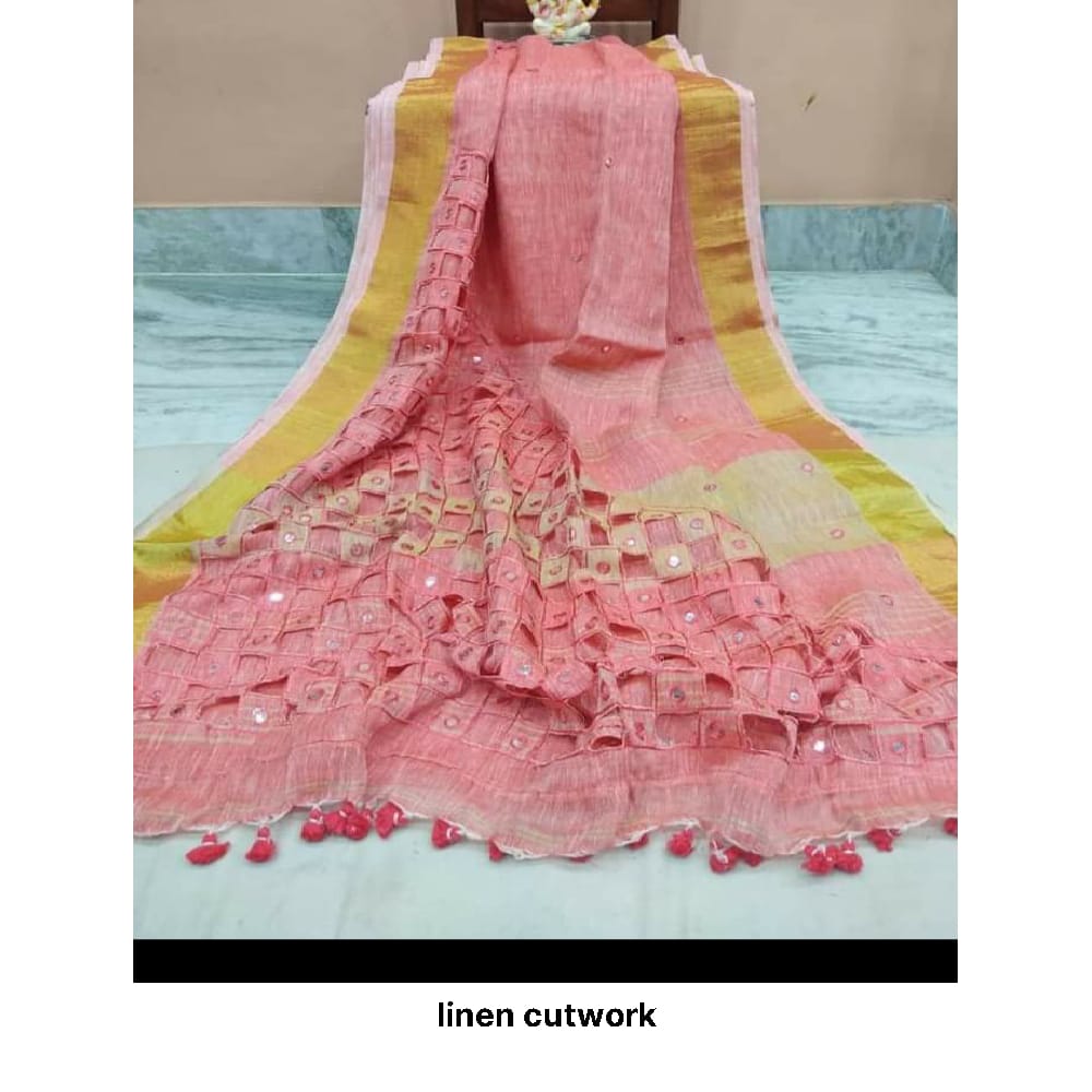 Pure linen cut work design M J HANDLOOMS