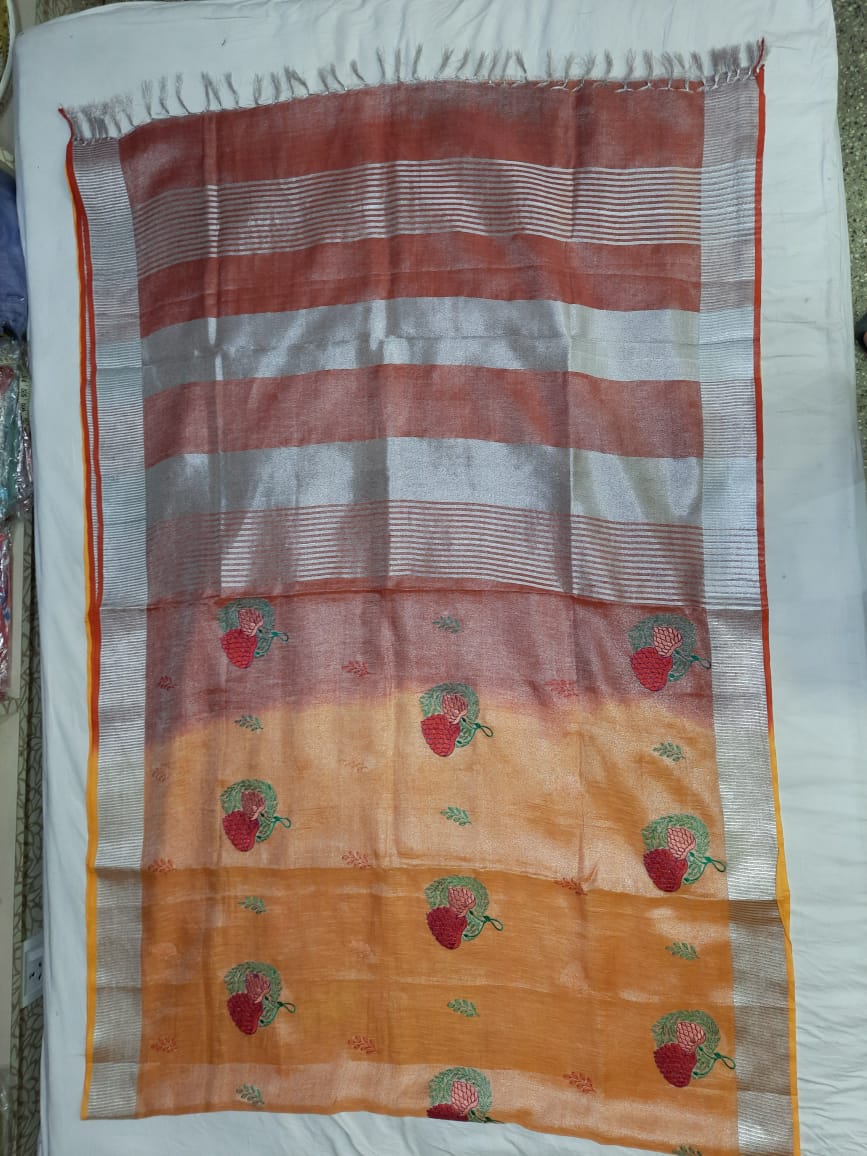 Tissue linen embroidery saree SILK ZONE