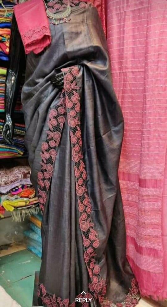 Tussar silk cut work design saree SILK ZONE