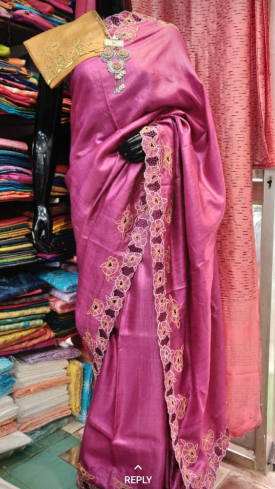 Tussar silk cut work design saree SILK ZONE