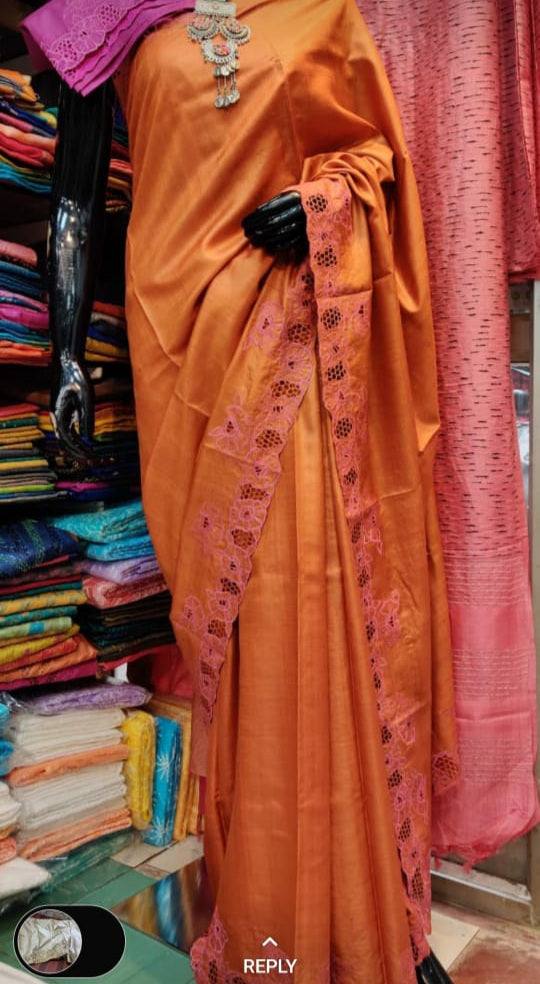 Tussar silk cut work design saree SILK ZONE