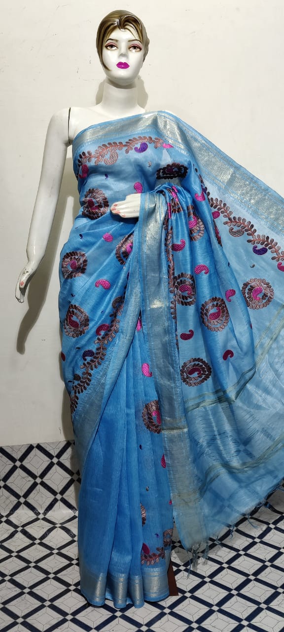 Organza linen embroidery saree SILK ZONE