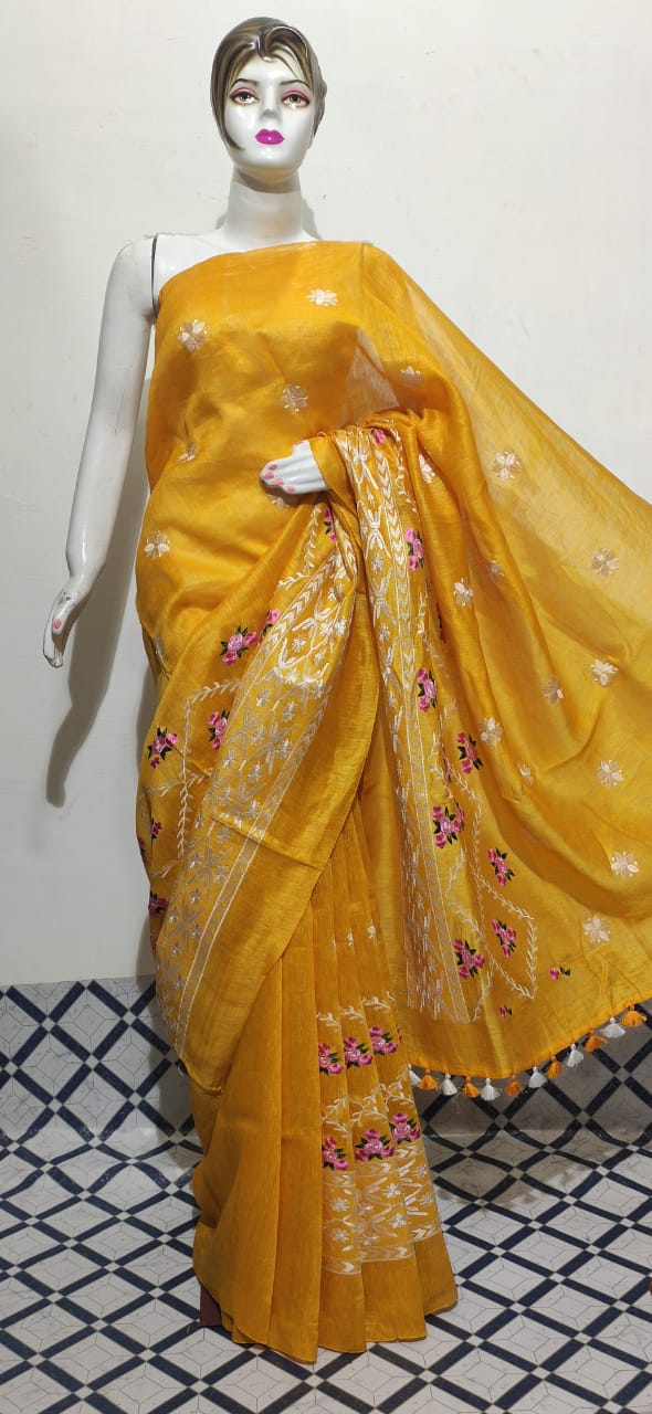 Organza linen embroidery saree SILK ZONE
