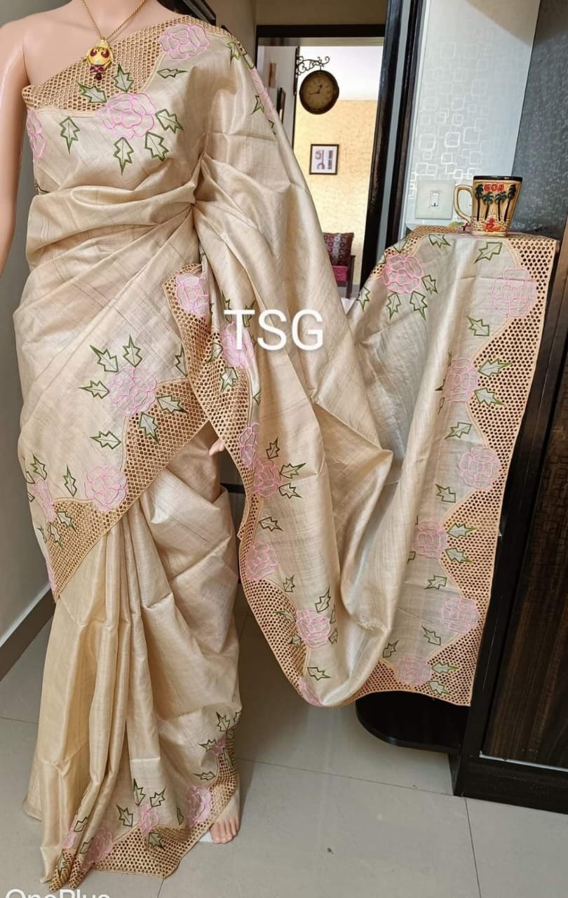 Tussar cutwork embroidery saree