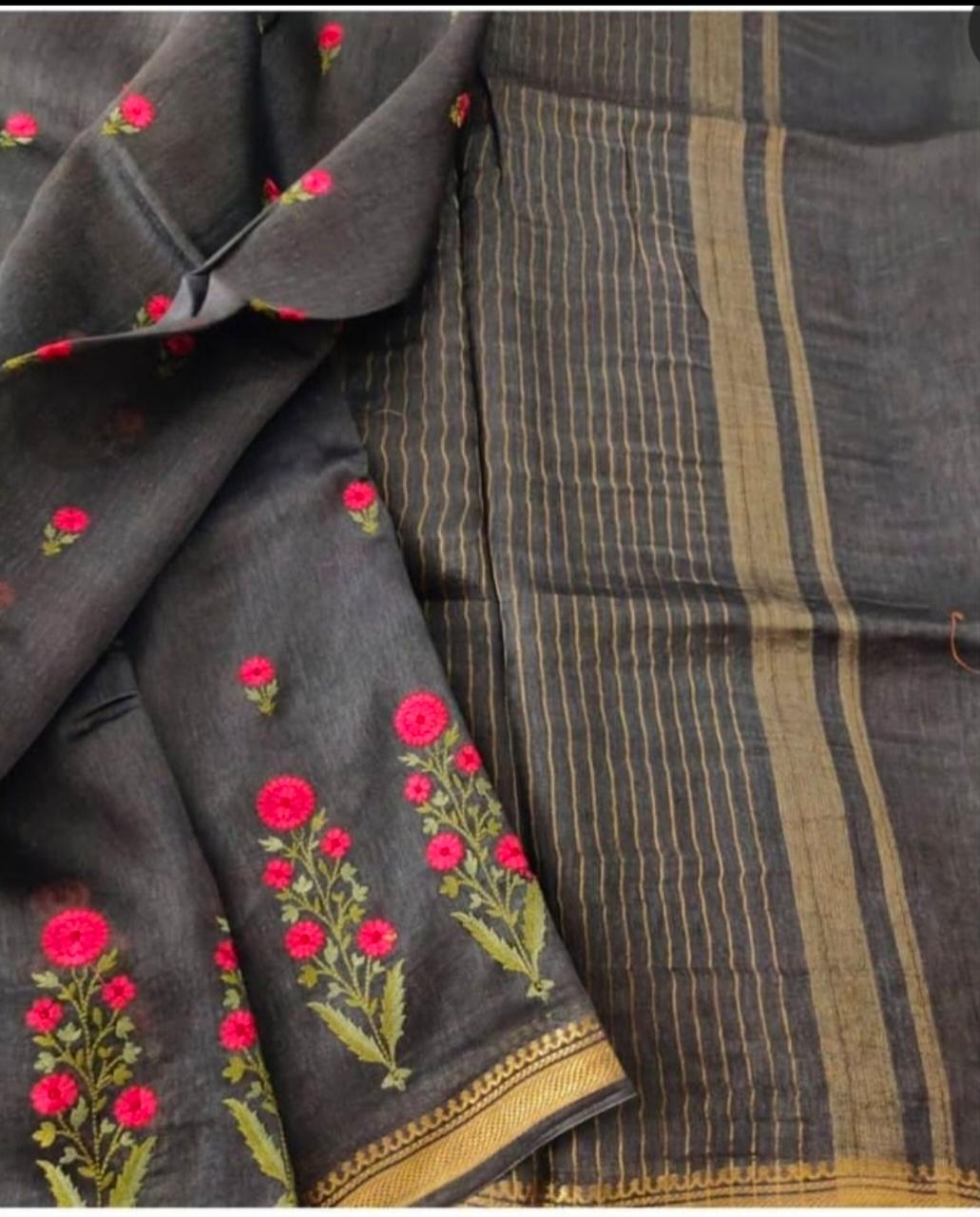 Silk Linen Embroidery Saree M J HANDLOOMS