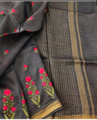 Silk Linen Embroidery Saree M J HANDLOOMS