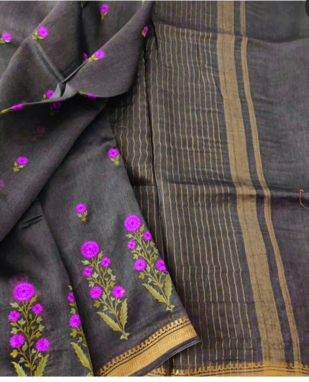 Silk Linen Embroidery Saree M J HANDLOOMS