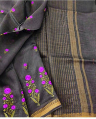 Silk Linen Embroidery Saree M J HANDLOOMS