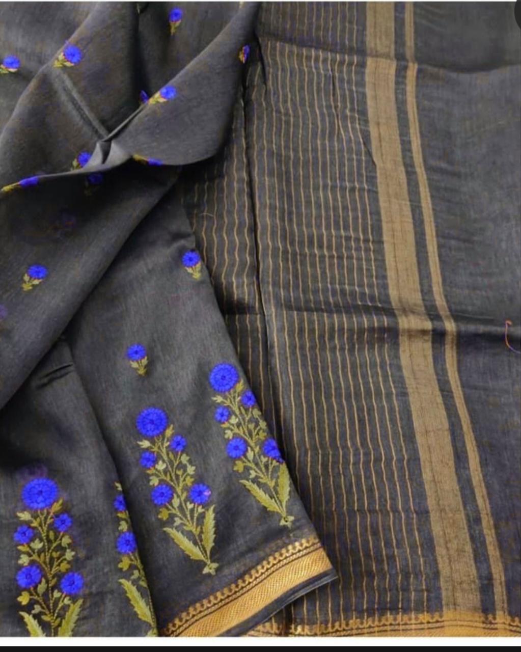 Silk Linen Embroidery Saree M J HANDLOOM