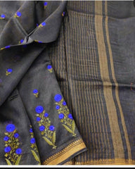 Silk Linen Embroidery Saree M J HANDLOOM