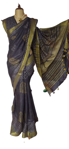 Linen Hand Block Printed Saree