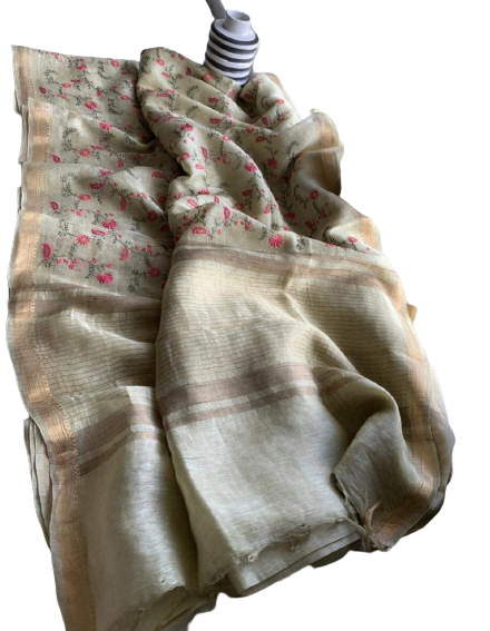 Silk Linen Embroidery Saree M J HANDLOOM
