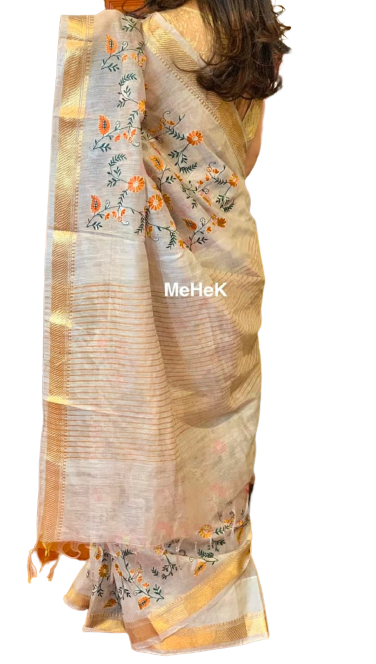 Silk Linen Embroidery Saree M J HANDLOOMS