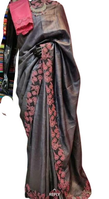 Tussar silk cut work design saree SILK ZONE