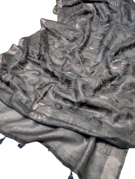Pure silk linen embroidery saree SILK ZONE