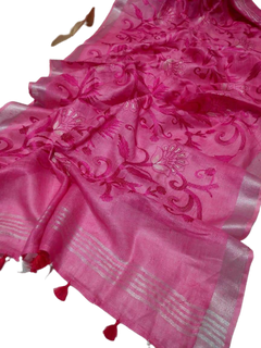 Pure silk linen embroidery saree