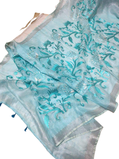 Pure silk linen embroidery saree