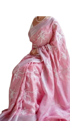 Pure silk linen embroidery saree