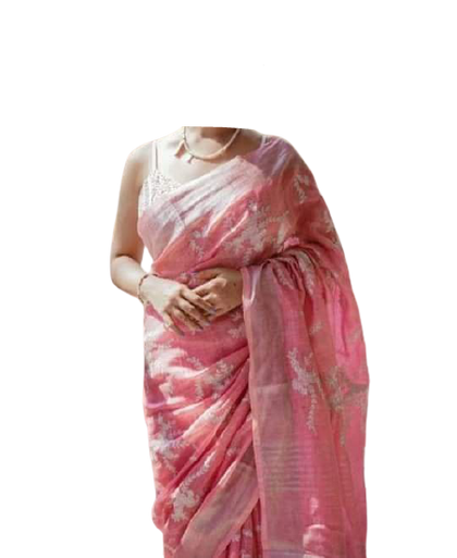 Pure silk linen embroidery saree