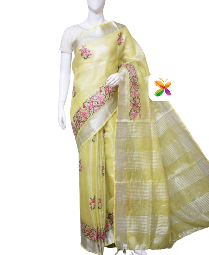 Pure Linen Tissue Saree With Embroidery
