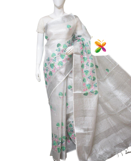 Pure Linen Tissue Saree With Embroidery