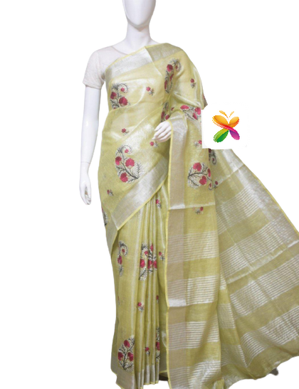 Pure Linen Tissue Saree With Embroidery