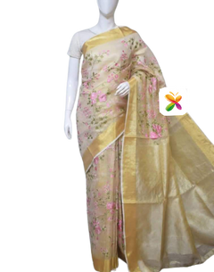 Pure Linen Tissue  Saree With Embroidery