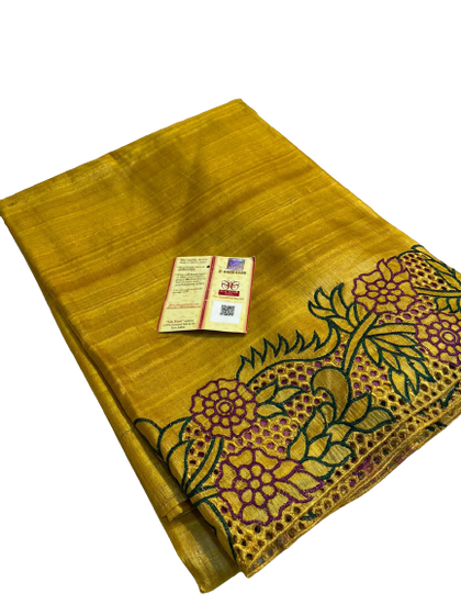 Pure tussar cutwork design embroidery silk saree